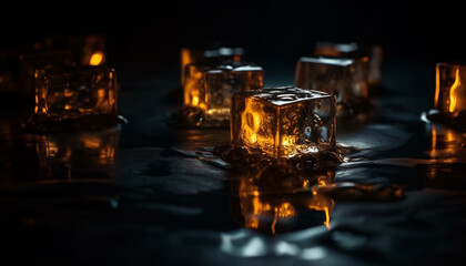 A glowing candle illuminates the whiskey glass on the dark table generated by AI