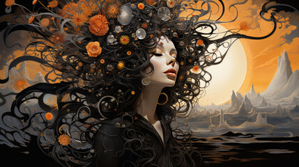 A young woman dressed as if inspired by autumn