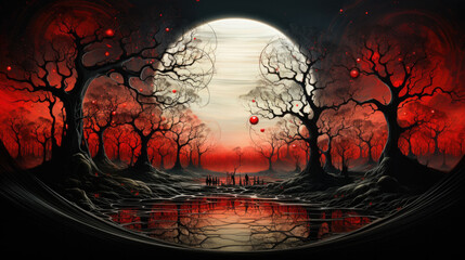 Illustration of a scary forest at night with a large full moon