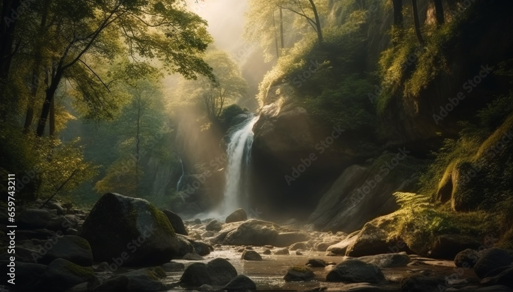 Poster a tranquil scene of a dark forest with blurred motion generated by ai