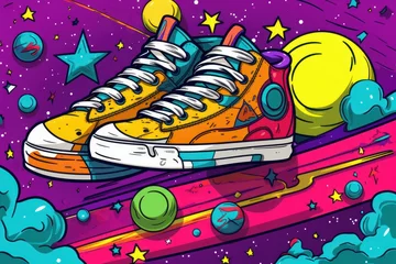 Foto op Plexiglas Pop Art Shoes Comic Illustration Retro 90s Style, Running Shoe Street Art Graffiti Pattern, Colorful Abstract Background. © CYBERUSS
