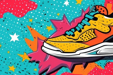 Pop Art Shoes Comic Illustration Retro 90s Style, Running Shoe Street Art Graffiti Pattern, Colorful Abstract Background.