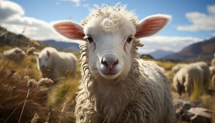 Obraz premium Cute lamb grazing in a green meadow, innocence in nature generated by AI