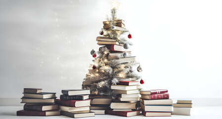 A modern christmas tree-shaped decoration made from stacks of books isolated on white background.