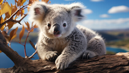 Cute koala sitting on a tree branch, looking at camera generated by AI