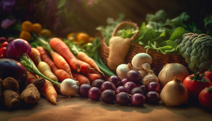 Fresh autumn harvest a colorful basket of organic vegetables and fruit generated by AI