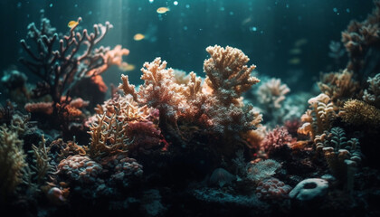 Fototapeta na wymiar Scuba diving in the tropical reef, a multi colored seascape adventure generated by AI