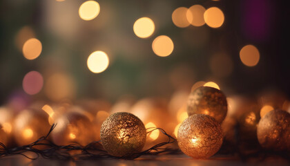 Fototapeta na wymiar Golden spheres illuminate the winter night, celebrating Christmas season generated by AI
