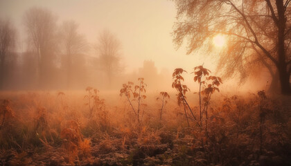 The vibrant autumn forest glows in the golden sunlight generated by AI