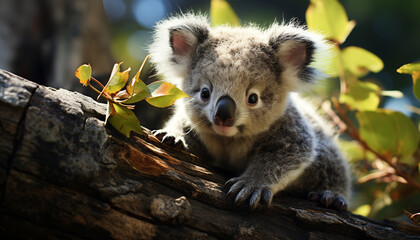 Cute young koala sitting on branch, looking at camera generated by AI
