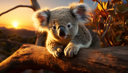 Fototapeta premium Cute koala sitting on a tree branch, looking at camera generated by AI