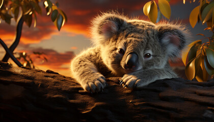 Obraz na płótnie Canvas Cute koala sitting on a tree, looking at the sunset generated by AI