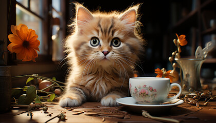 Cute kitten sitting on table, looking at flower in mug generated by AI