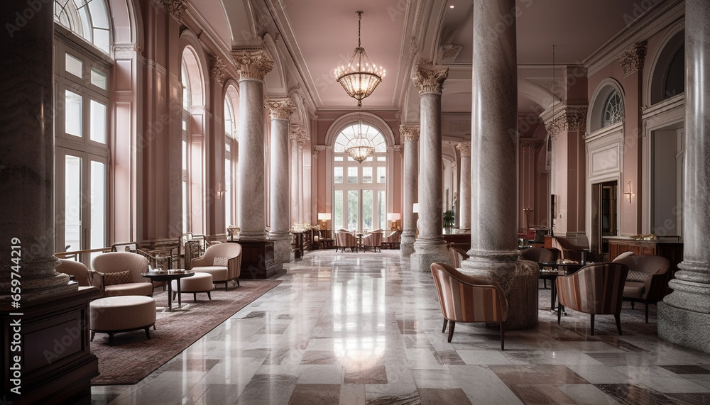 Poster Luxury cathedral corridor with illuminated chandeliers and ancient architecture generated by AI