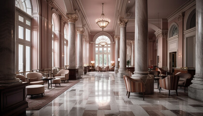 Luxury cathedral corridor with illuminated chandeliers and ancient architecture generated by AI