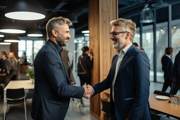 Accomplished businessmen sealing a successful promotion with a handshake, embodying their commitment to shared goals and progress in the workplace
