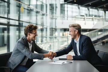 Businessmen achieving a promotion, solidifying their success through a handshake in an office environment, symbolizing growth and progress