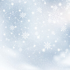 Naklejka na ściany i meble Christmas and Happy New Year background with falling snowflakes on blue sky. Vector