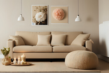 Flower pillows on beige sofa next to table with candles in living room interior with pouf and poster