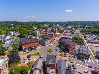 Hudson historic commercial buildings aerial view on Main Street in town center of Hudson,...