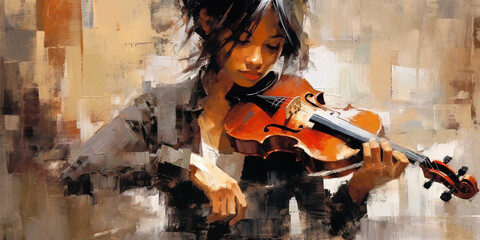 A Women Musician Playing with Exquisite Care Violin Painting Abstract Art Background