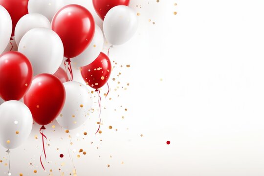 Celebration on white background with confetti and red white balloons