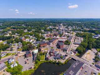 Hudson historic commercial buildings aerial view on Main Street in town center of Hudson, Massachusetts MA, USA. 