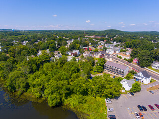Hudson historic town center aerial view on Central Street and Assabet River in town center of Hudson, Massachusetts MA, USA. 