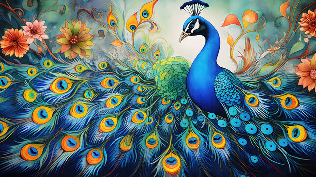 a vibrant painting of a peacock surrounded by colorful flowers