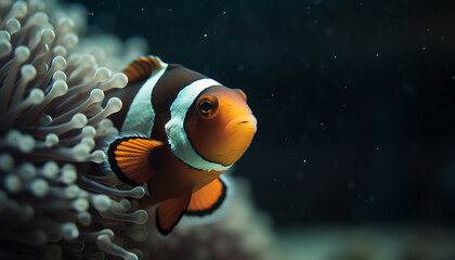 Fototapeta na wymiar A close up of a cute clown fish swimming in coral generated by AI
