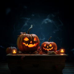 Calabazas de Halloween sonrientes en fondo oscuro, con velas y humo, tenebrosas, celebraciones, misterio, Jack o´lantern