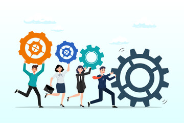 Businessman and woman people holding cogwheels gear to build organization, business organization, people working together or teamwork to help success mission, cooperation or community (Vector)