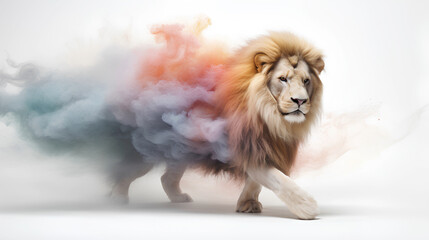 A Lion comes out from a multicolor smoke.