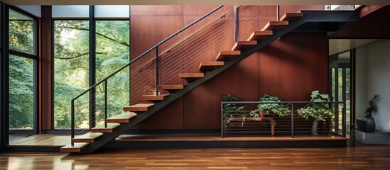 Modern home metal and wooden stairs in the house
