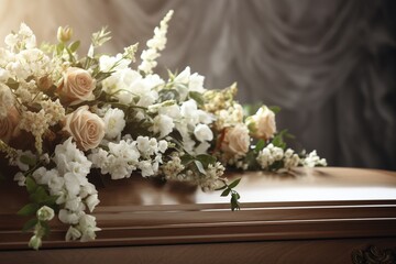 White coffin with flowers. The concept of funeral. - obrazy, fototapety, plakaty