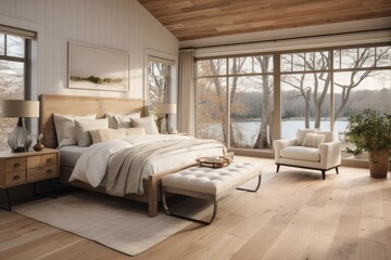 Farmhouse interior design of modern bedroom. Wooden floor. Big windows