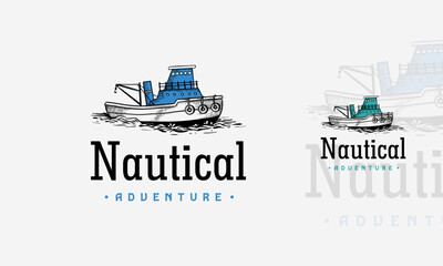 Fishing boat logo design vector template, Hand Drawn Boat logo template vector