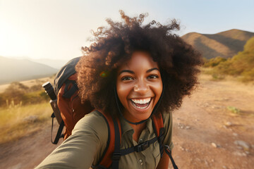 Happy traveller black woman with backpack taking selfie picture on safari - Travel blogger taking self portrait with smart mobile phone device outside - Life style and technology concept - obrazy, fototapety, plakaty