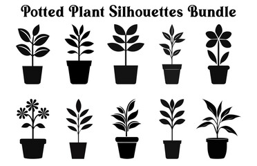 Set of Vector potted plants silhouette, Black and white Potted Desert plant Clipart Collection, 
Indoor plant in pots