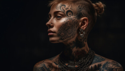 Creative elegance Sensual tattooed fashion model exudes individuality indoors generated by AI