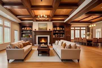 Beautiful living room interior with wooden floor, coffered ceiling, and roaring fire in the fireplace, in a new luxury home - obrazy, fototapety, plakaty