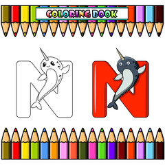 Coloring book, Illustration of N letter for Narwhal