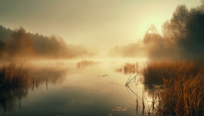 Fototapeta na wymiar A tranquil scene of natural beauty foggy autumn reflection generated by AI
