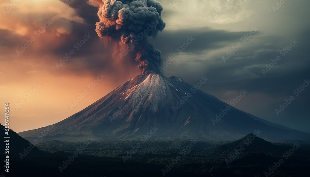 Poster active volcano erupting at dawn, damaging environment with ash pollution generated by ai