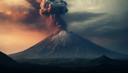 Active volcano erupting at dawn, damaging environment with ash pollution generated by AI