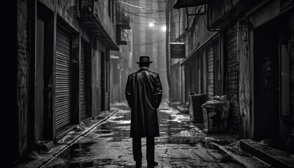 Dark elegance A spooky businessman walking in old fashioned city life generated by AI