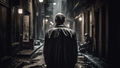 Naklejka premium Solitude in the City A Lonely Businessman Walking at Night generated by AI