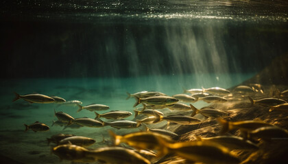 A tranquil scene of underwater beauty a school of fish generated by AI