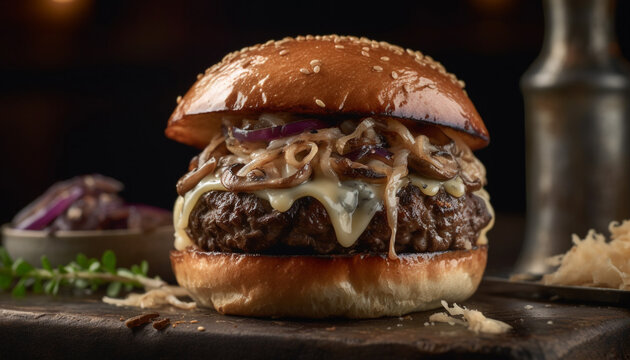 Grilled cheeseburger with pulled pork, onion, and barbecue sauce generated by AI