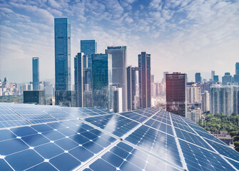 Ecological energy renewable solar panel plant with urban landscape landmarks
